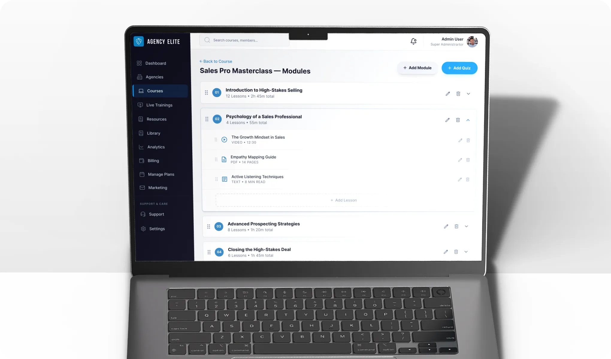 Laptop screen shows Sales Pro Masterclass modules with lessons listed in an online course dashboard.
