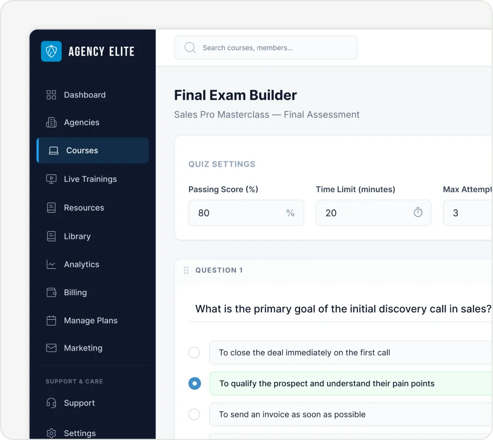 Final Exam Builder page showing quiz settings and a sales question with the correct answer highlighted.