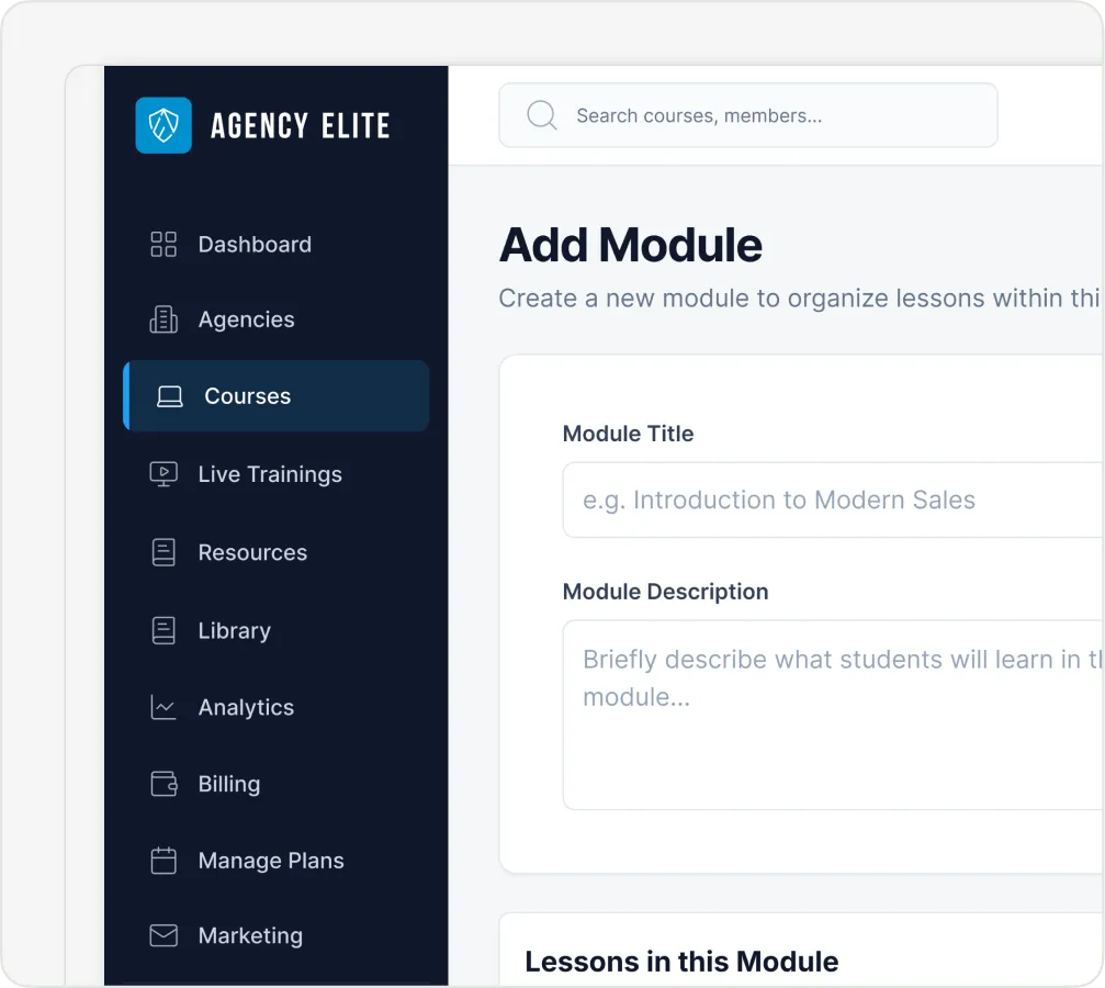 Agency Elite dashboard showing navigation menu and Add Module form with fields for module title and description.