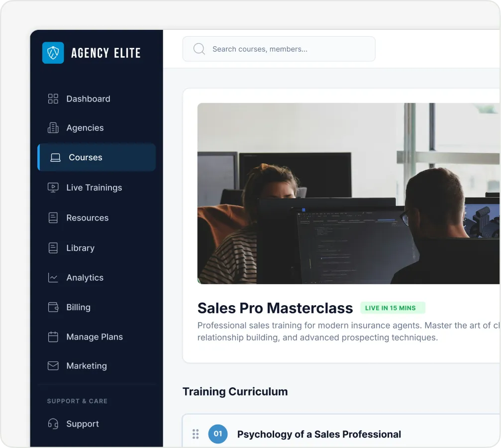Agency Elite dashboard showing Sales Pro Masterclass live in 15 mins with training curriculum and user photos.