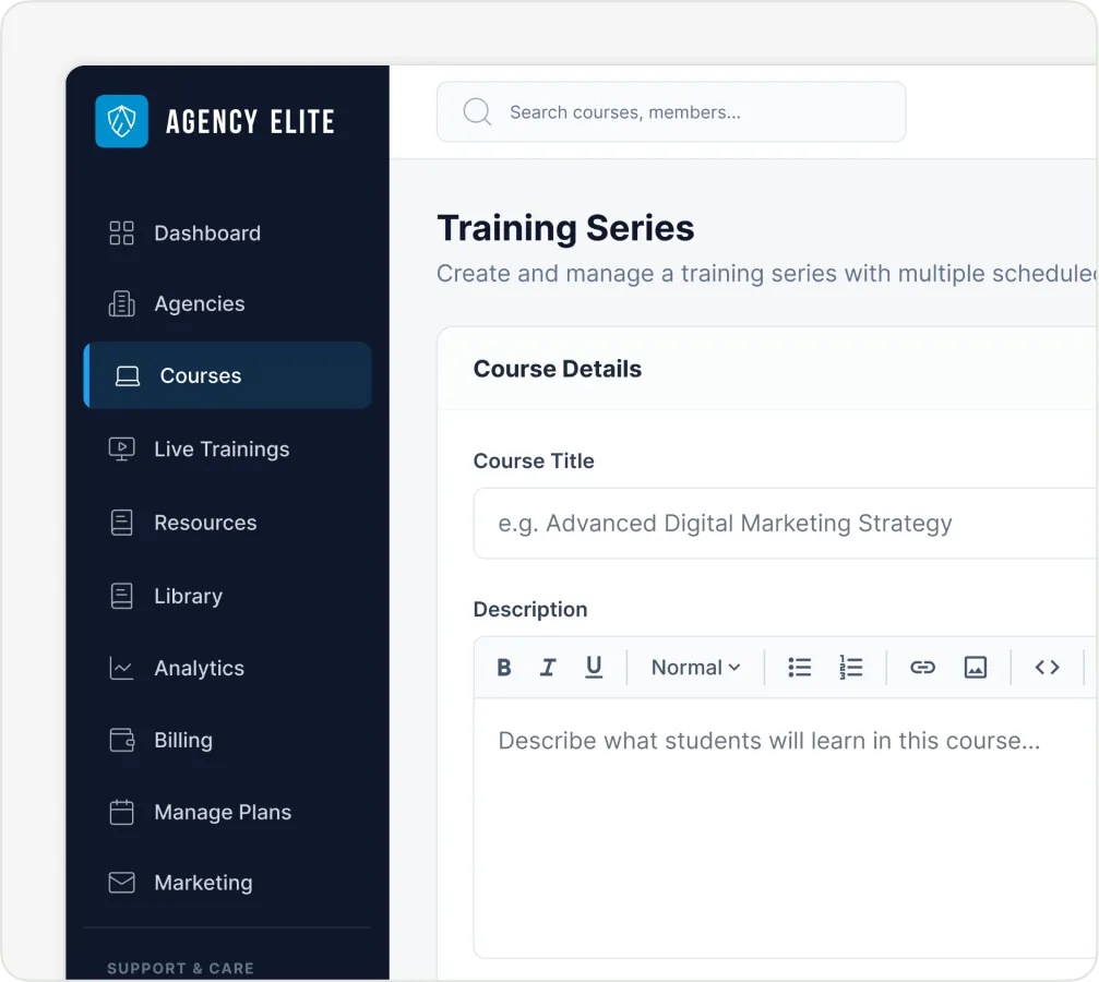 Agency Elite dashboard page showing a course creation form with fields for title and description.