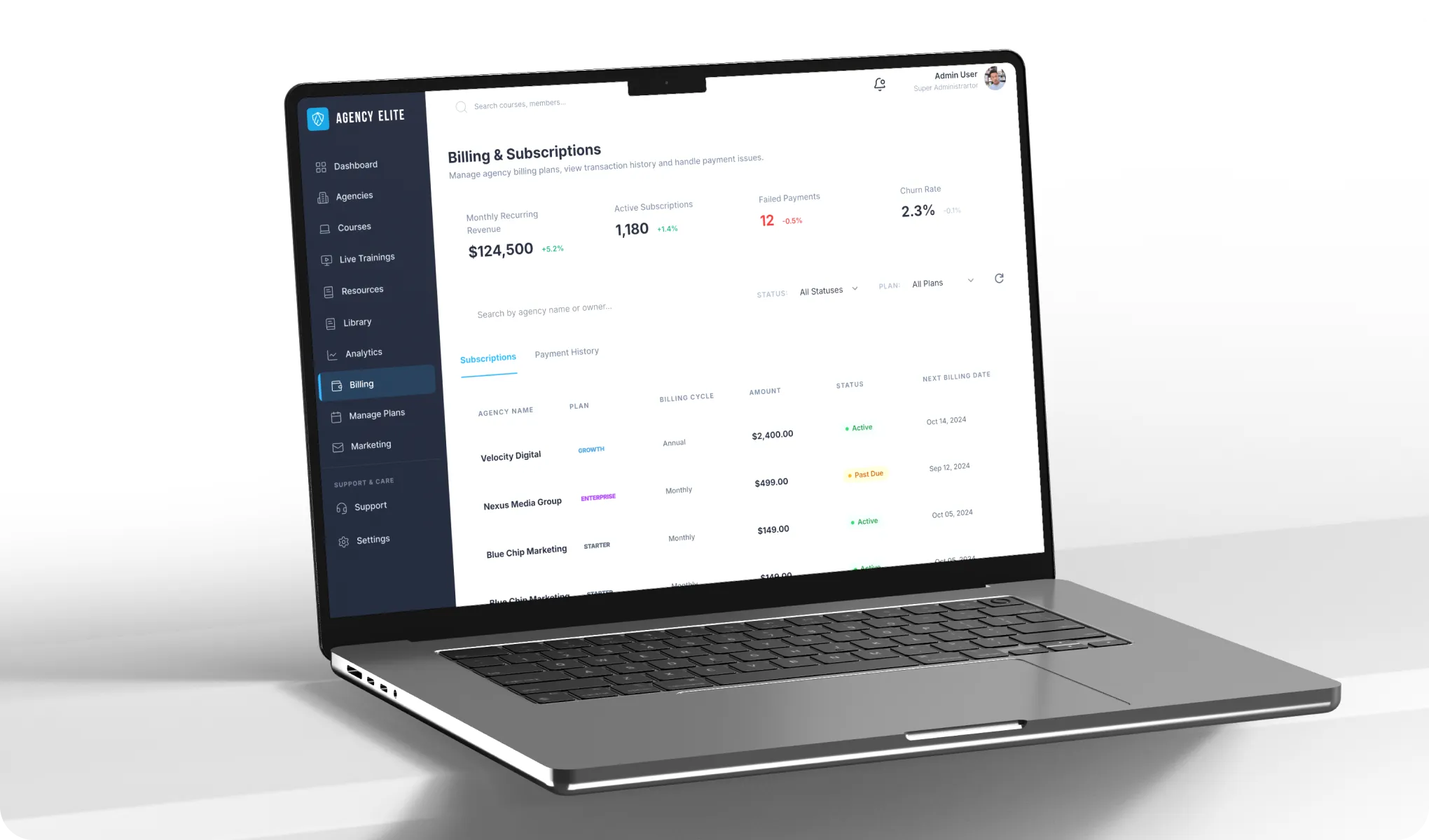Laptop displaying agency billing dashboard with subscription details and revenue stats on screen.