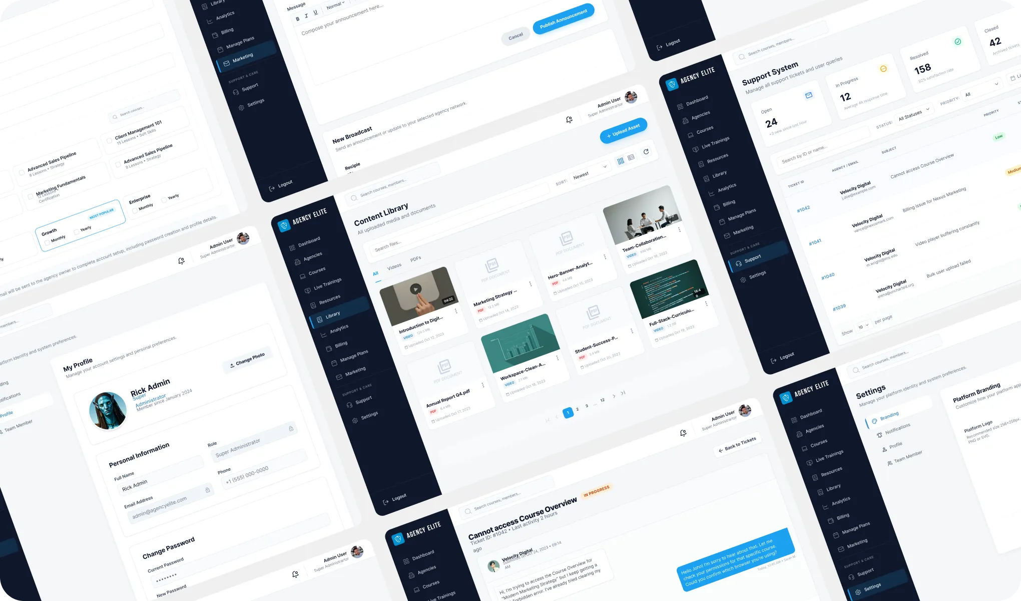 Dashboard interface with sections for content library, support tickets, profile, settings, and announcements.