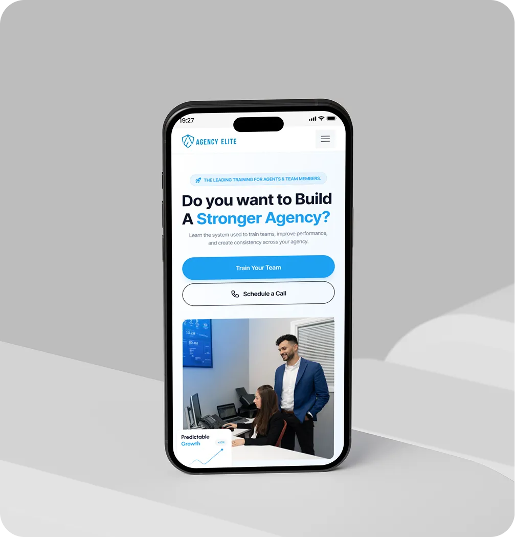 Mobile screen showing Agency Elite site offering team training to build a stronger agency with call and train options.