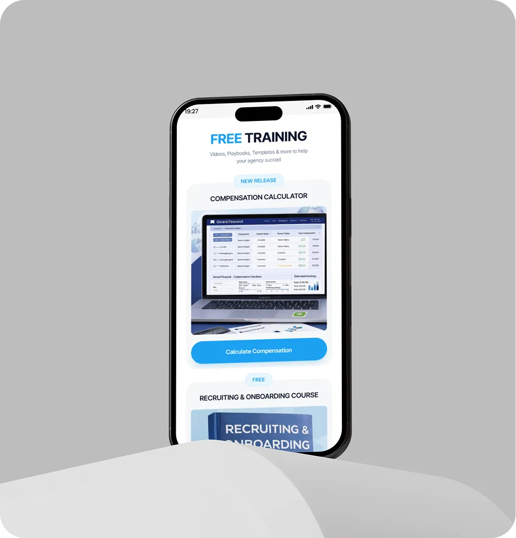 iPhone screen showing free training for a compensation calculator and recruiting course with action button.