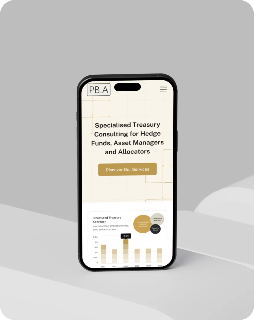 Smartphone showing treasury consulting services for hedge funds and asset managers with a bar chart.