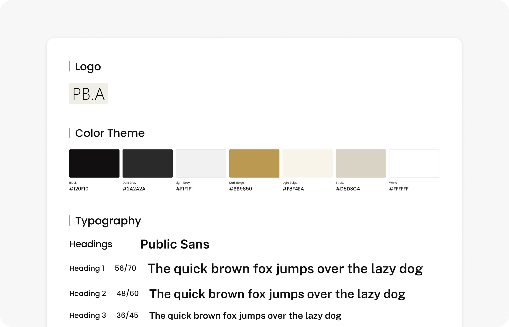 Brand style guide with PB.A logo, color palette from black to white, and Public Sans typography examples.