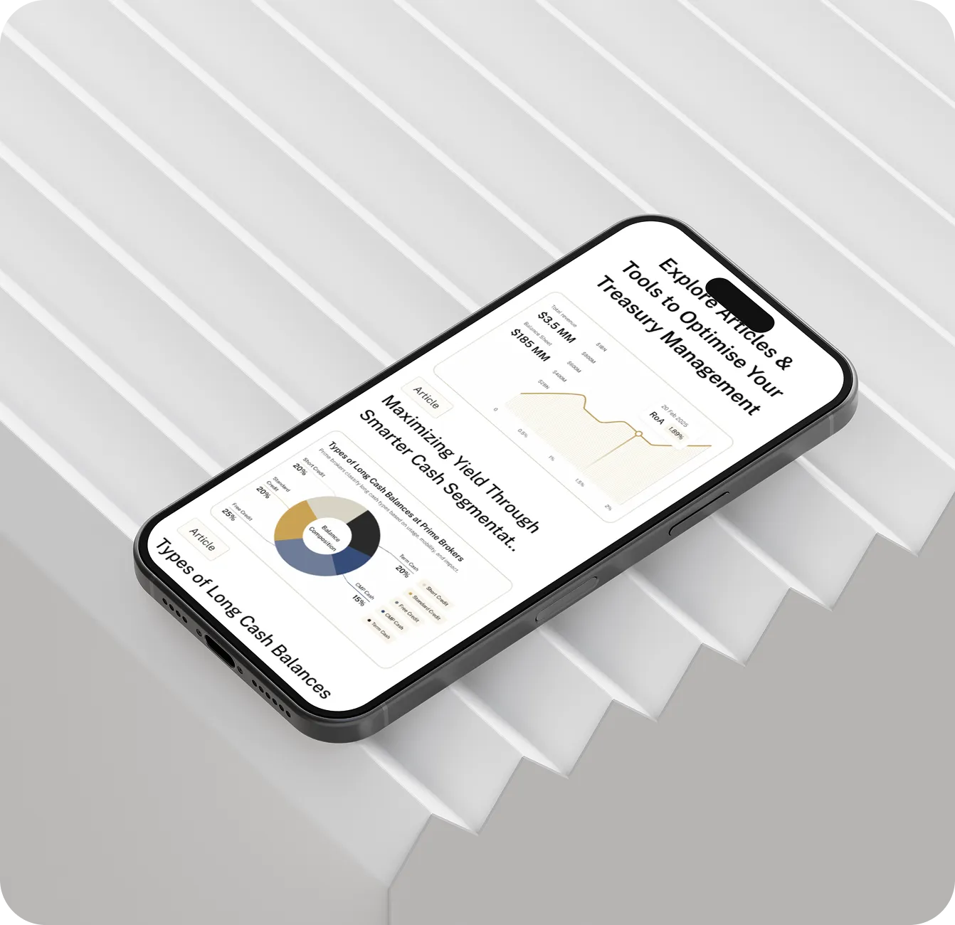 Smartphone displaying treasury management articles, charts, and graphs on a white stepped surface.
