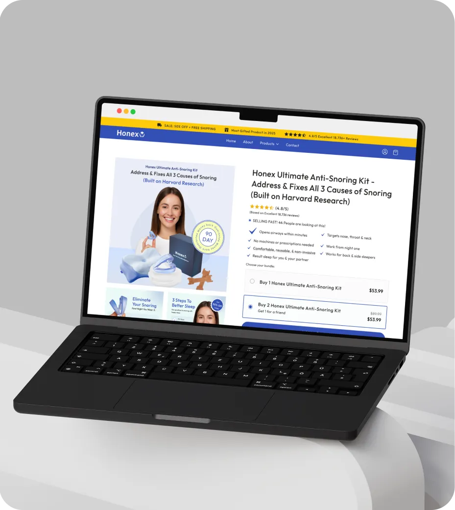 Laptop screen showing Honex Ultimate Anti-Snoring Kit product page with features and pricing.