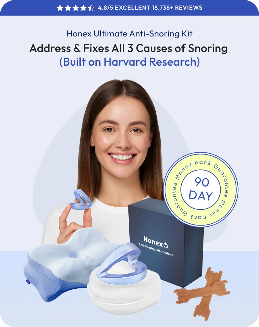 Smiling woman holding blue anti-snoring mouthpiece with kit items and 90-day money-back badge.