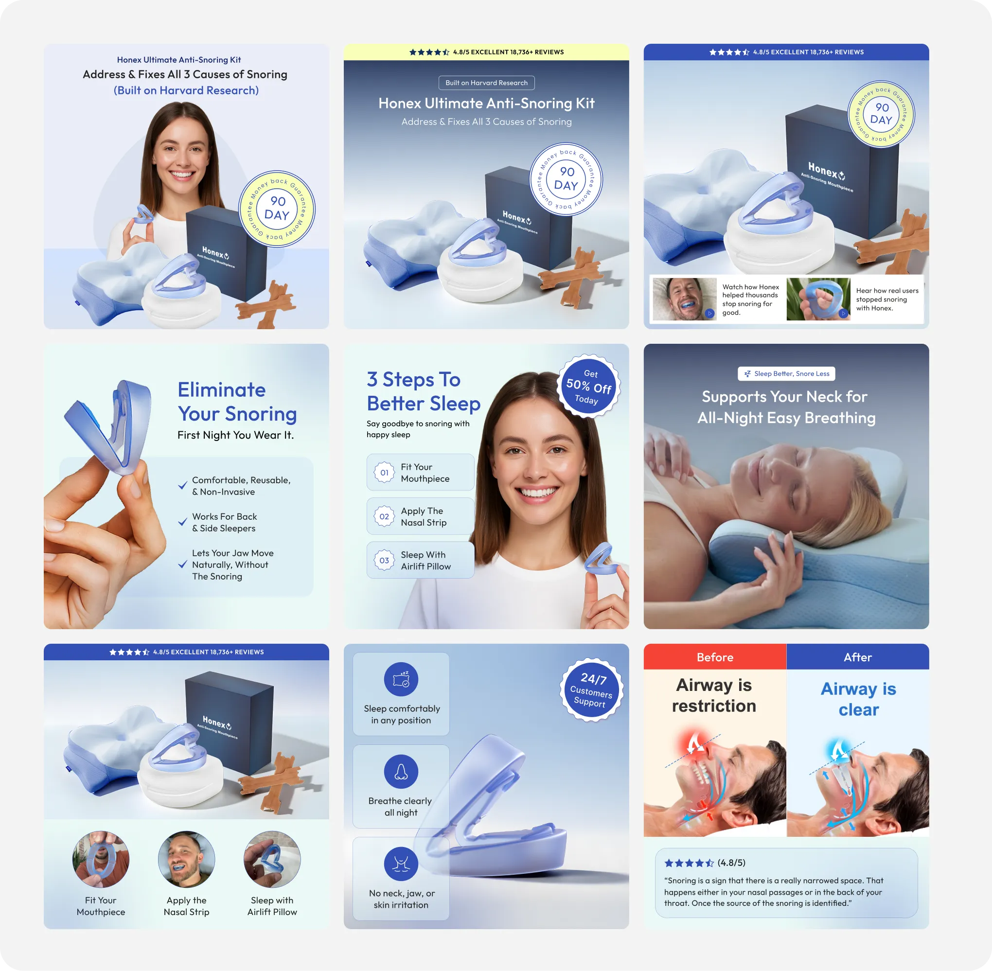 Collage showing Honex Ultimate Anti-Snoring Kit items, user smiling, and snoring relief steps.