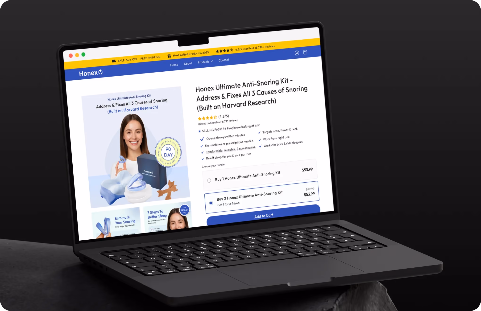 Laptop screen showing Honex anti-snoring kit webpage with product details and pricing options.