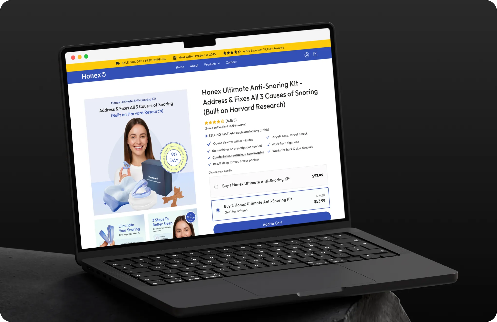 Laptop screen showing Honex anti-snoring kit webpage with product details and pricing options.