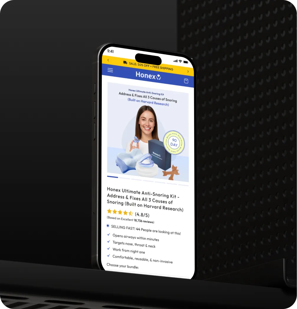 Smartphone showing Honex Ultimate Anti-Snoring Kit product page with features and rating.