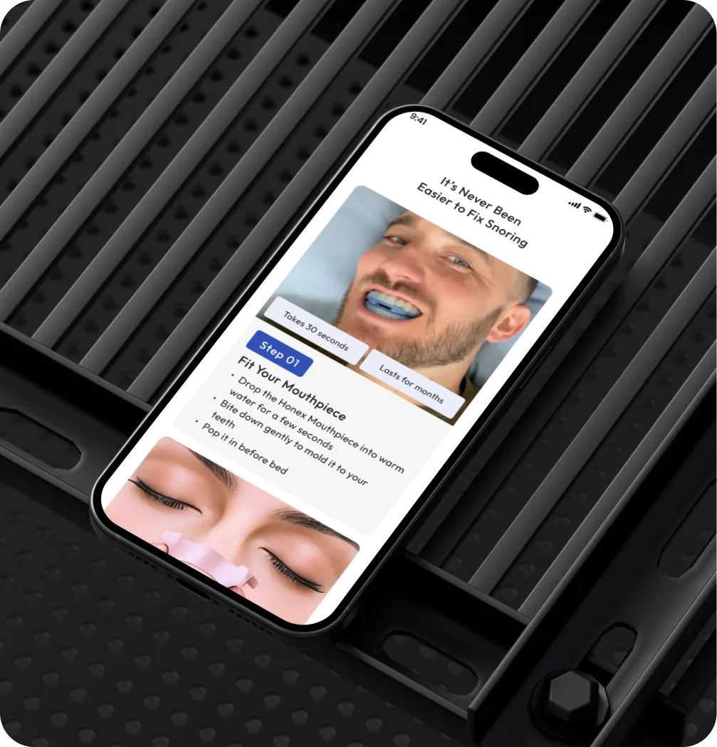 Smartphone screen shows guide to fit mouthpiece to stop snoring with images and instructions.