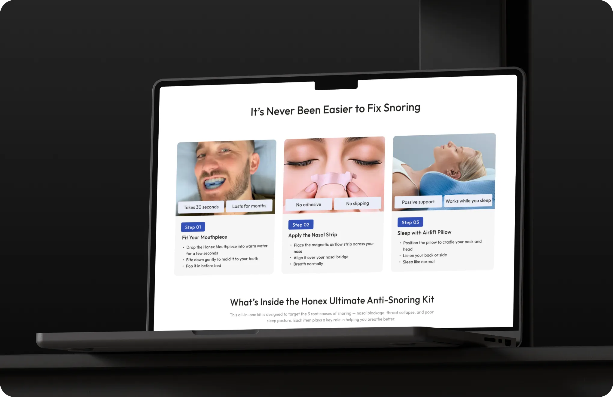 Laptop screen showing steps to fix snoring: fit mouthpiece, apply nasal strip, sleep with Airlift pillow.