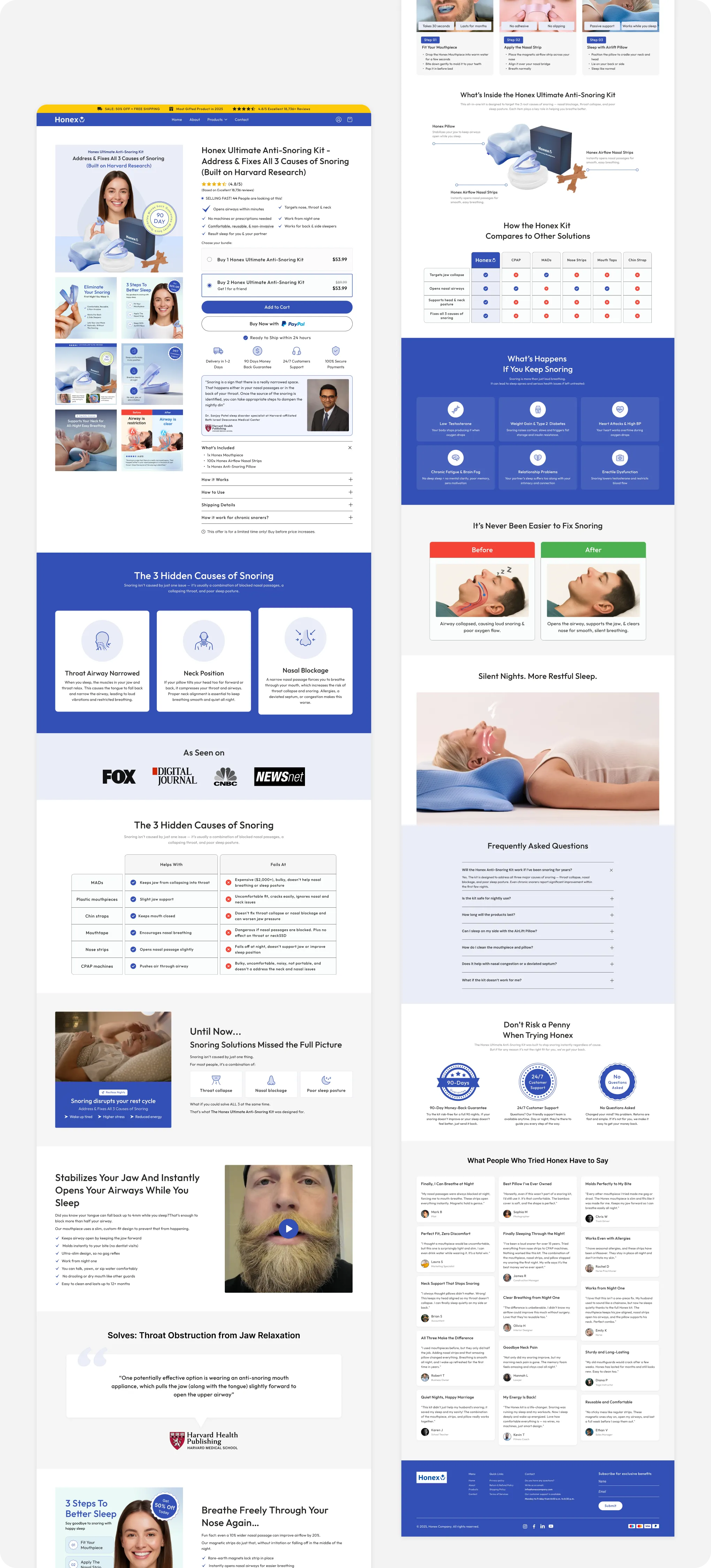 Webpage detailing the Honex anti-snoring kit, its benefits, causes of snoring, comparisons, and customer reviews.