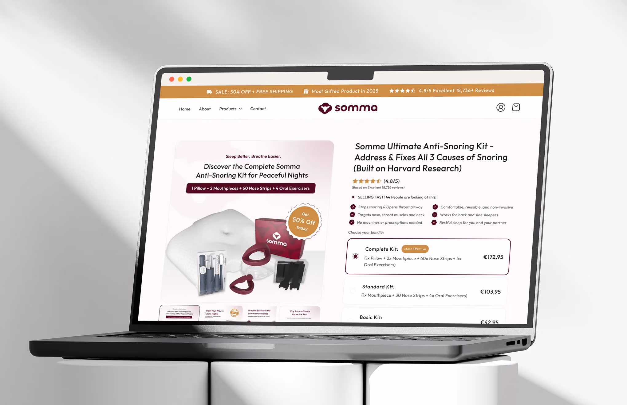 Website page showing Somma Anti-Snoring Kit with pillow, mouthpieces, nose strips, pricing, and features.