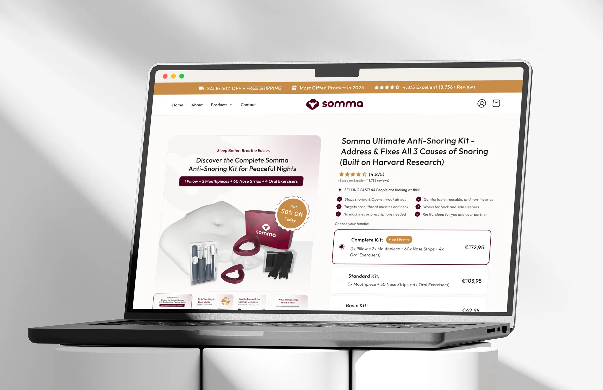 Website page showing Somma Anti-Snoring Kit with pillow, mouthpieces, nose strips, pricing, and features.