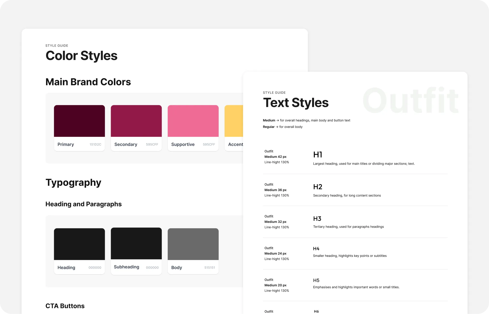 Style guide showing main brand colors, typography samples, and text style headings details.