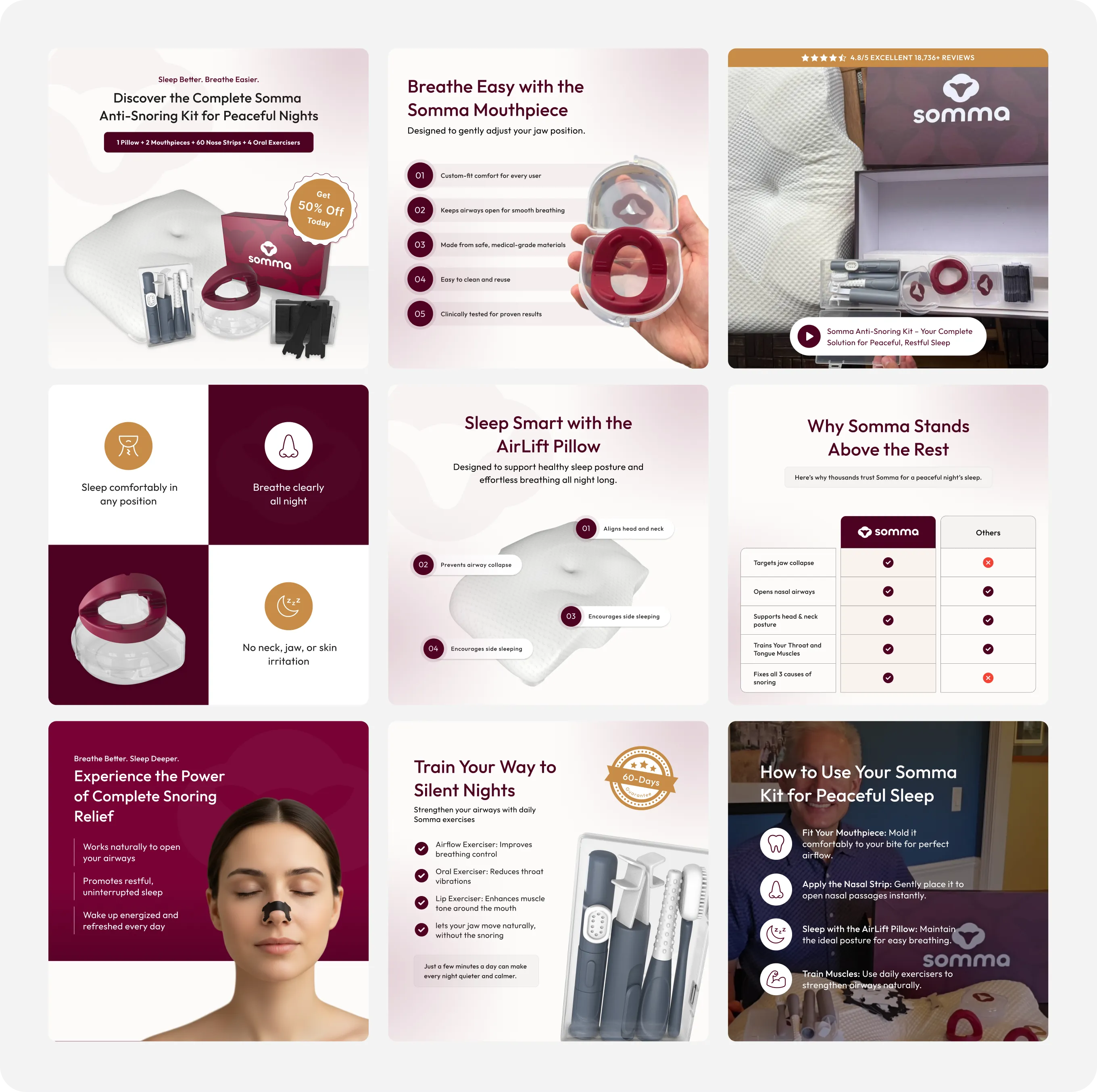 Nine-panel somma anti-snoring kit ads show products, benefits, pillow, exercises, and how to use for better sleep.