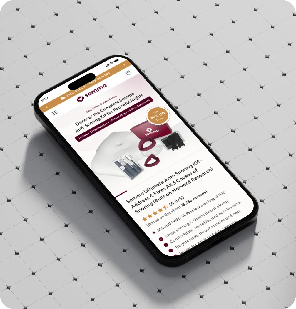 Smartphone displaying a webpage for Somma anti-snoring kit with product images and features.