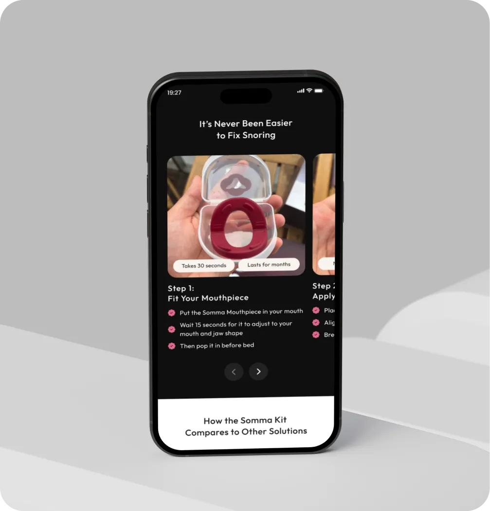 Smartphone screen showing instructions to fit Somna mouthpiece to fix snoring, featuring product image in case.