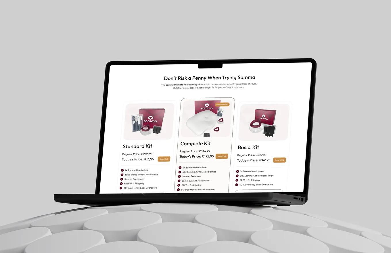 Laptop screen displays three Somma anti-snoring kits: Standard, Complete, and Basic with prices and features.
