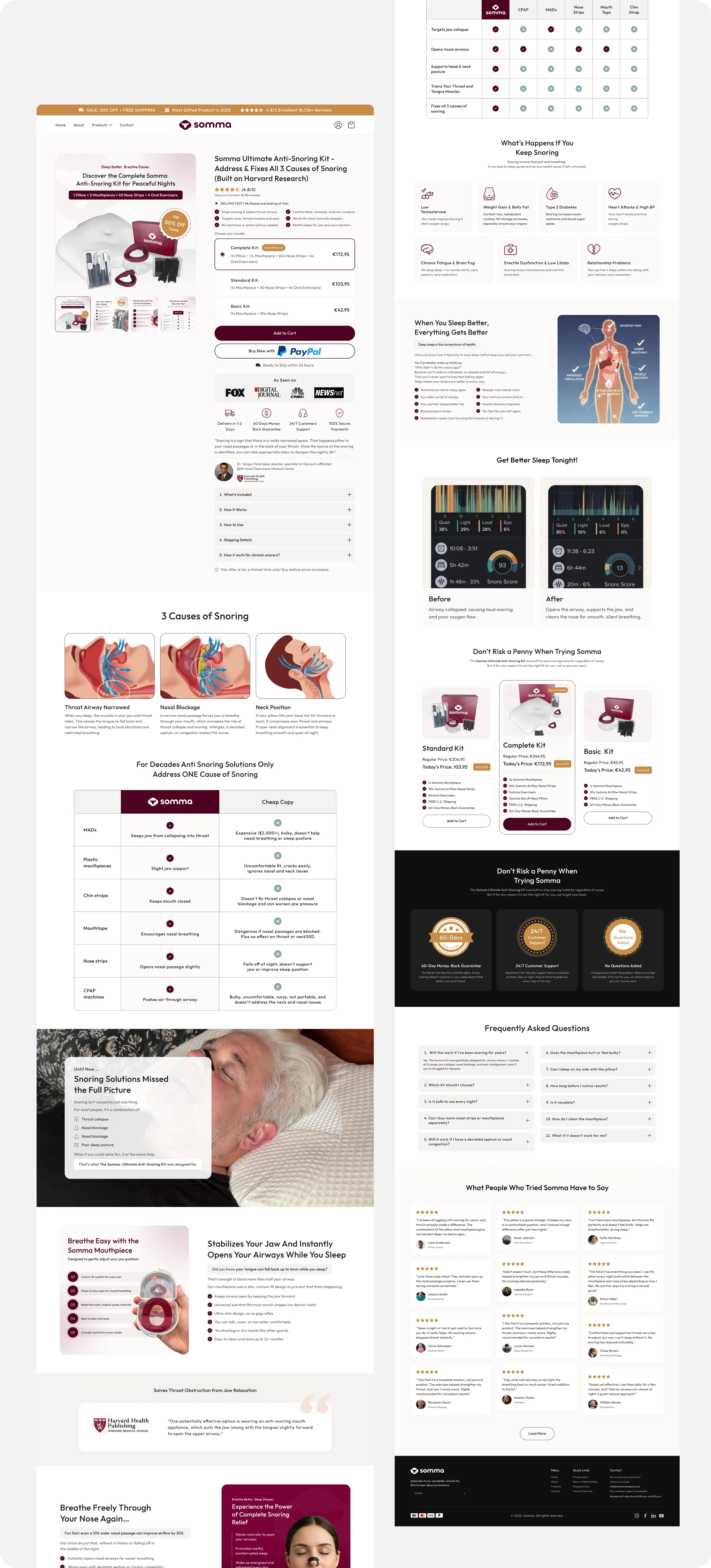 Somma anti-snoring kit page showing product details, causes of snoring, benefits, and customer reviews.