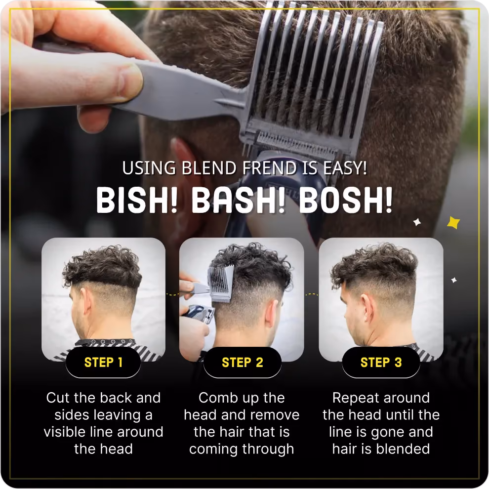 Three-step haircut guide showing fade blend using a comb attachment on a man's head.