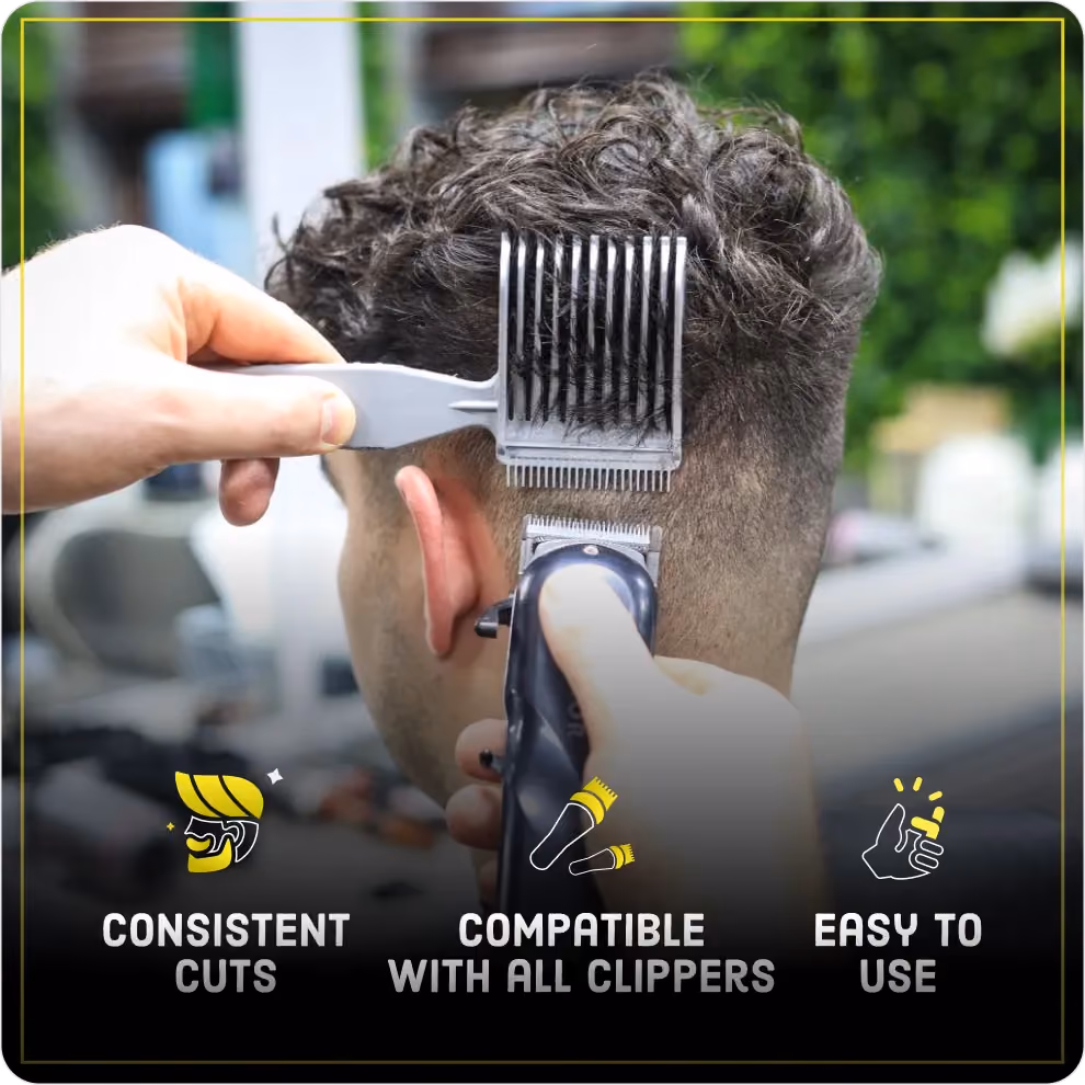 A person getting a fade haircut with clippers and a comb at a barbershop.