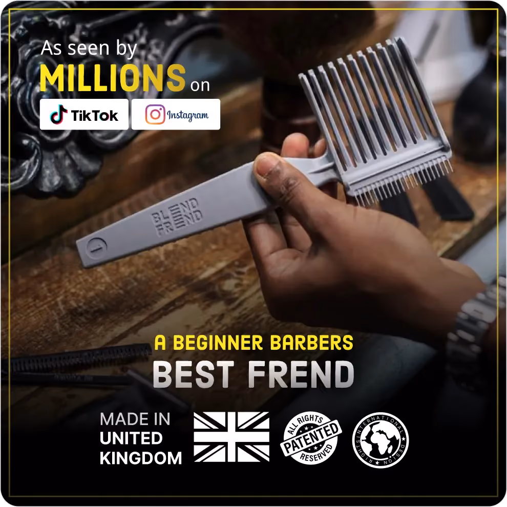 Hand holding a gray hair cutting comb labeled Blend Frend on a wooden surface with text and logos.