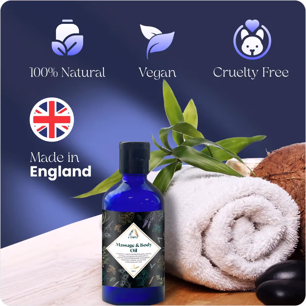 Blue bottle of massage oil with towel, green leaves, coconut, and icons for natural, vegan, cruelty-free, made in England.
