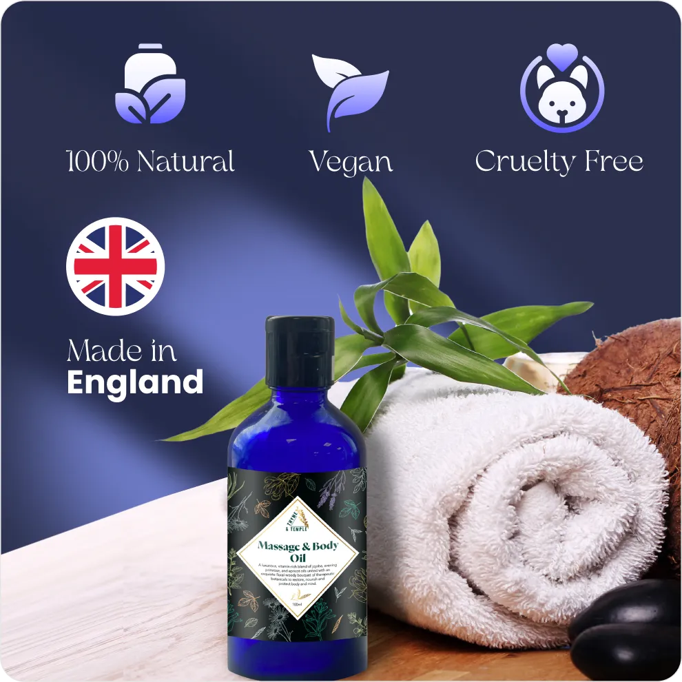 Blue bottle of massage oil with towel, green leaves, coconut, and icons for natural, vegan, cruelty-free, made in England.