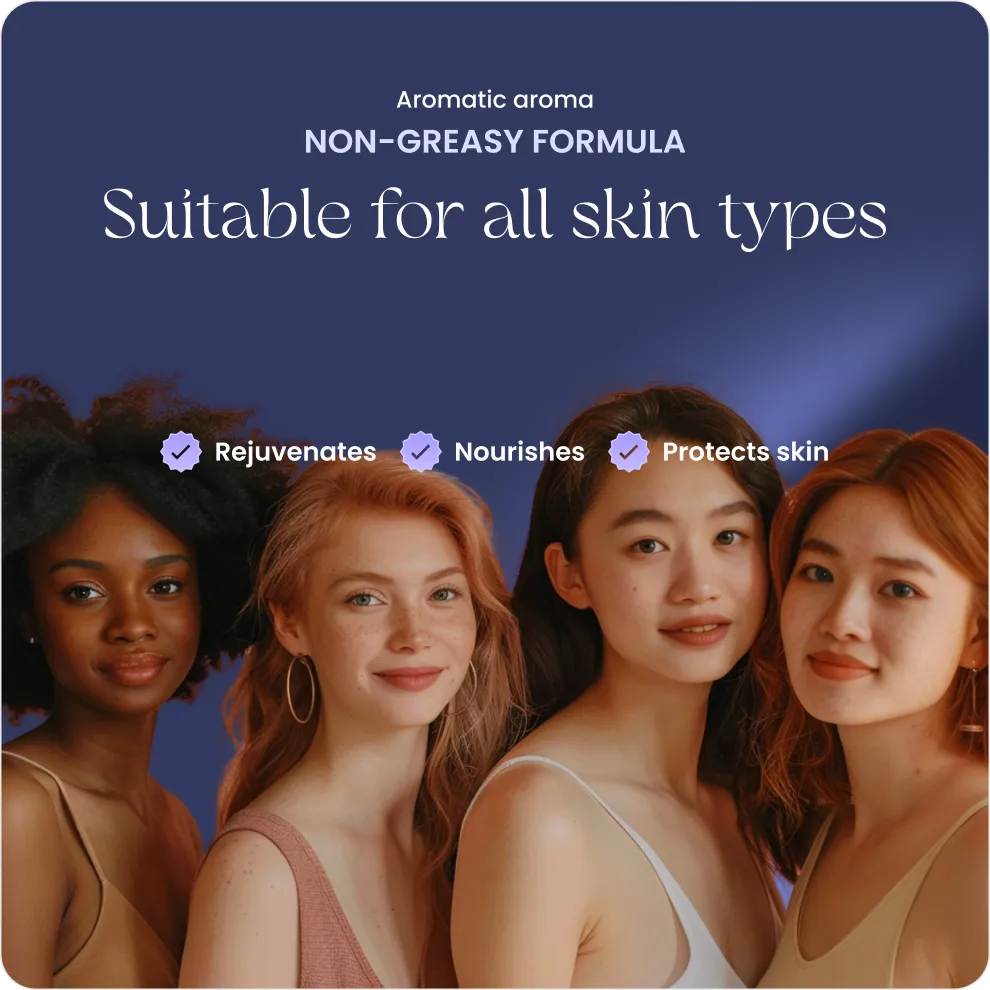 Four diverse women smiling showing skincare product claims: rejuvenates, nourishes, protects skin.