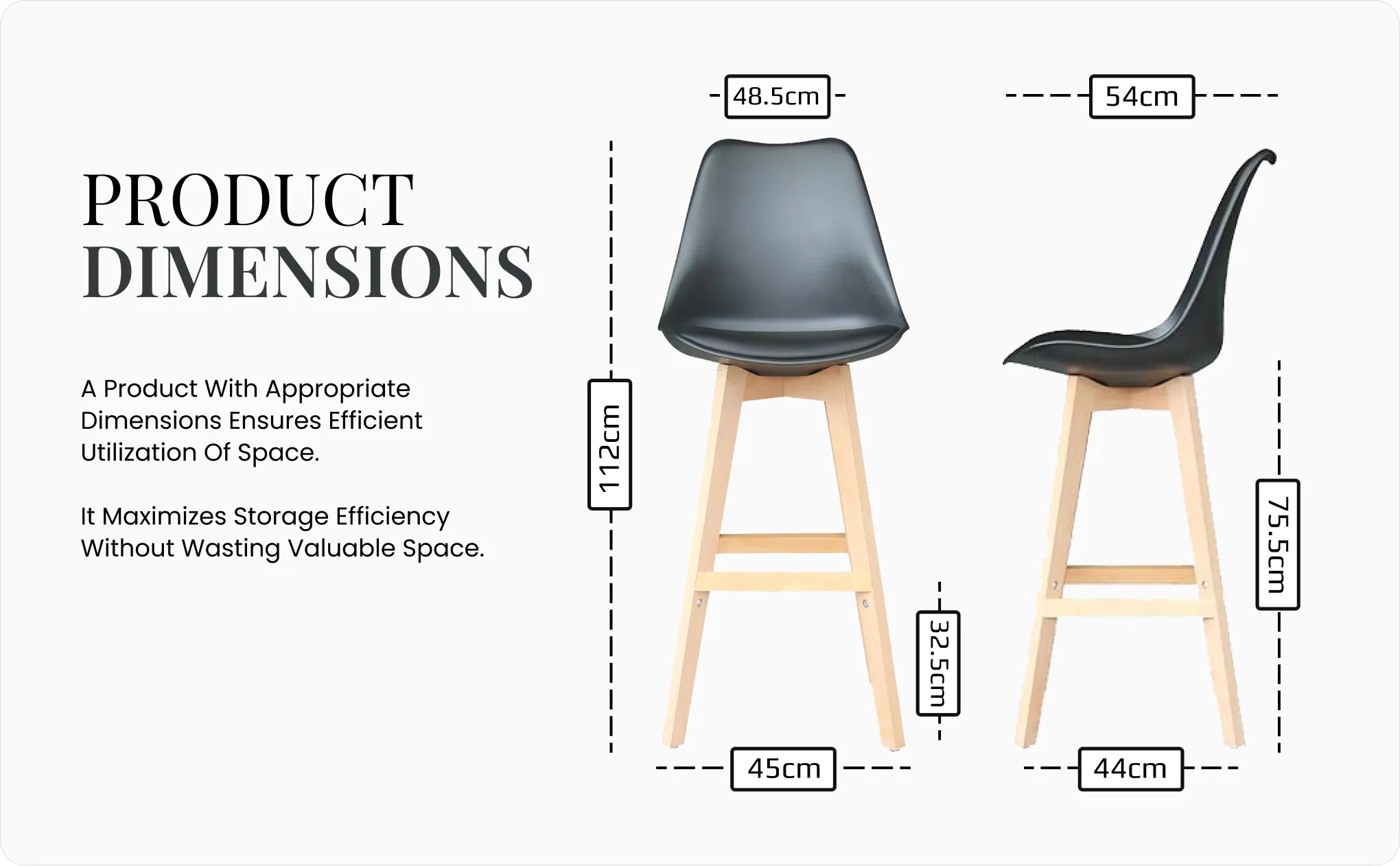 Black chair with wood legs showing dimensions: height 112cm, seat height 75.5cm, width 48.5cm, depth 54cm.