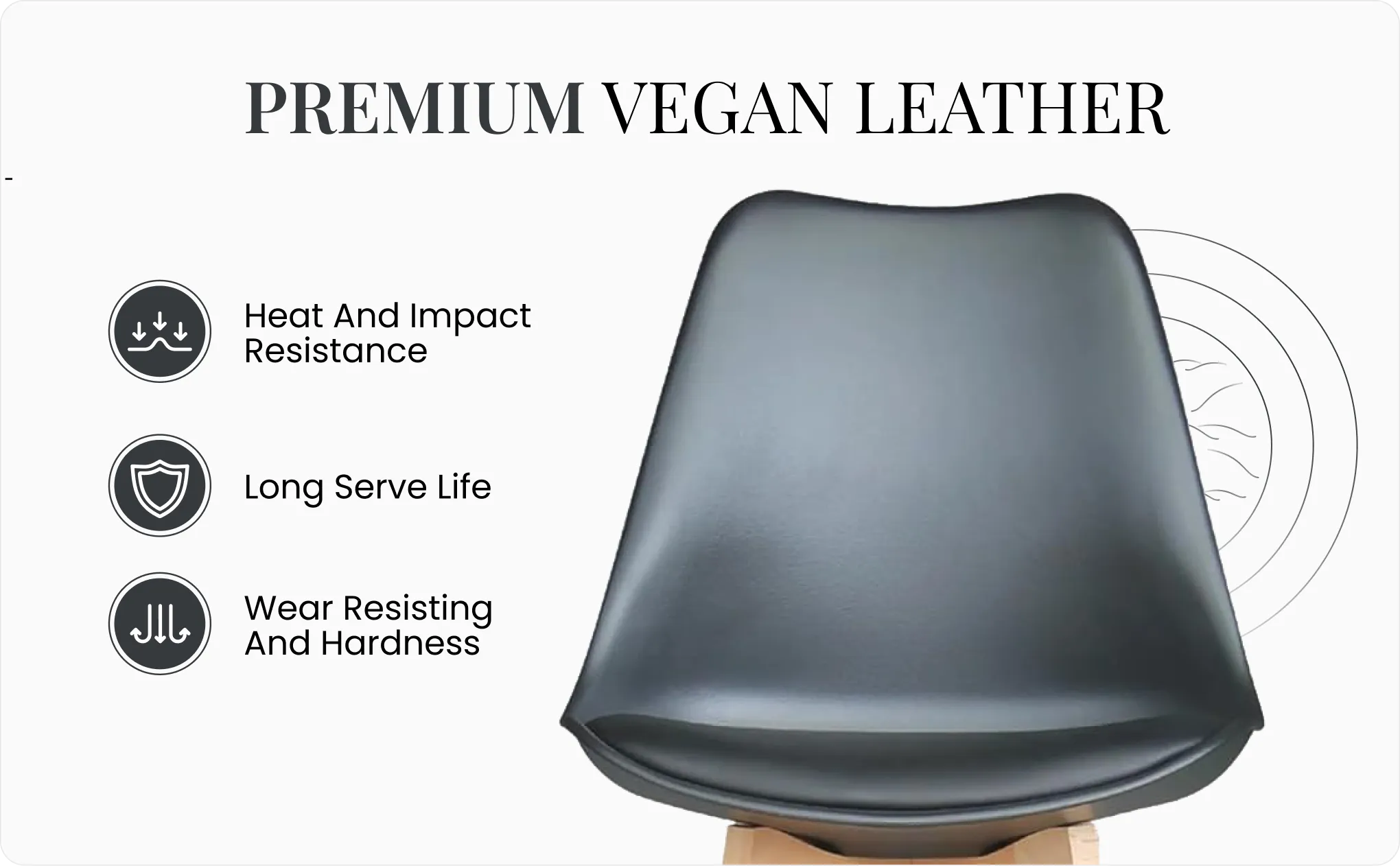Black chair seat made of premium vegan leather with icons highlighting heat resistance, durability, and hardness.