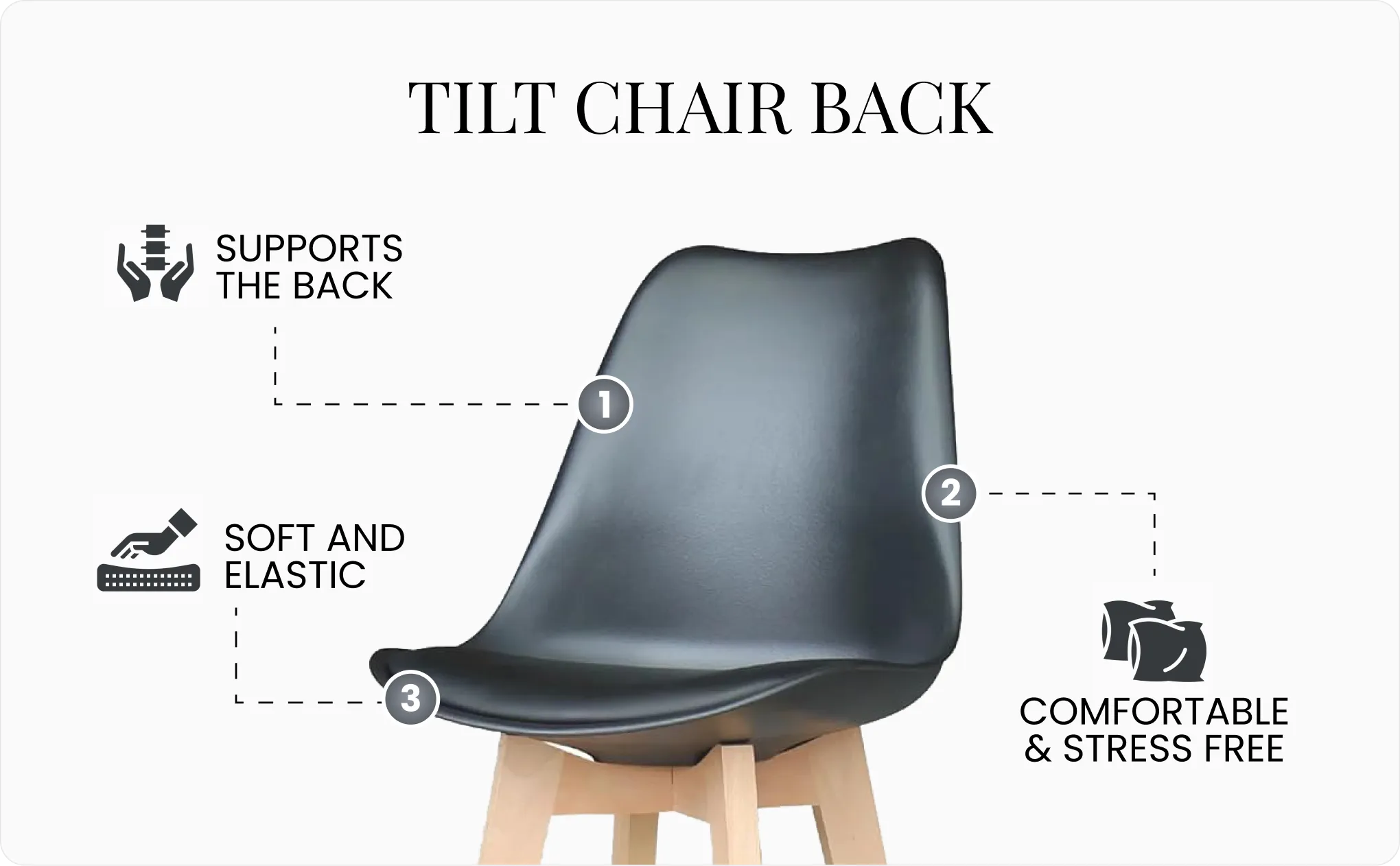 Black tilt chair back with wood legs highlighting back support, comfort, and soft elastic seat features.