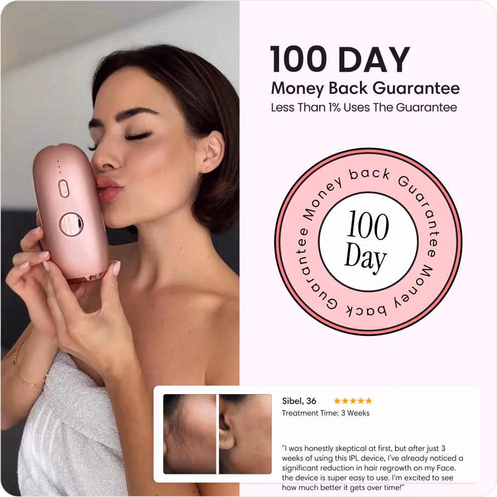 Woman kissing a rose gold IPL device with 100-day money back guarantee text and user review.