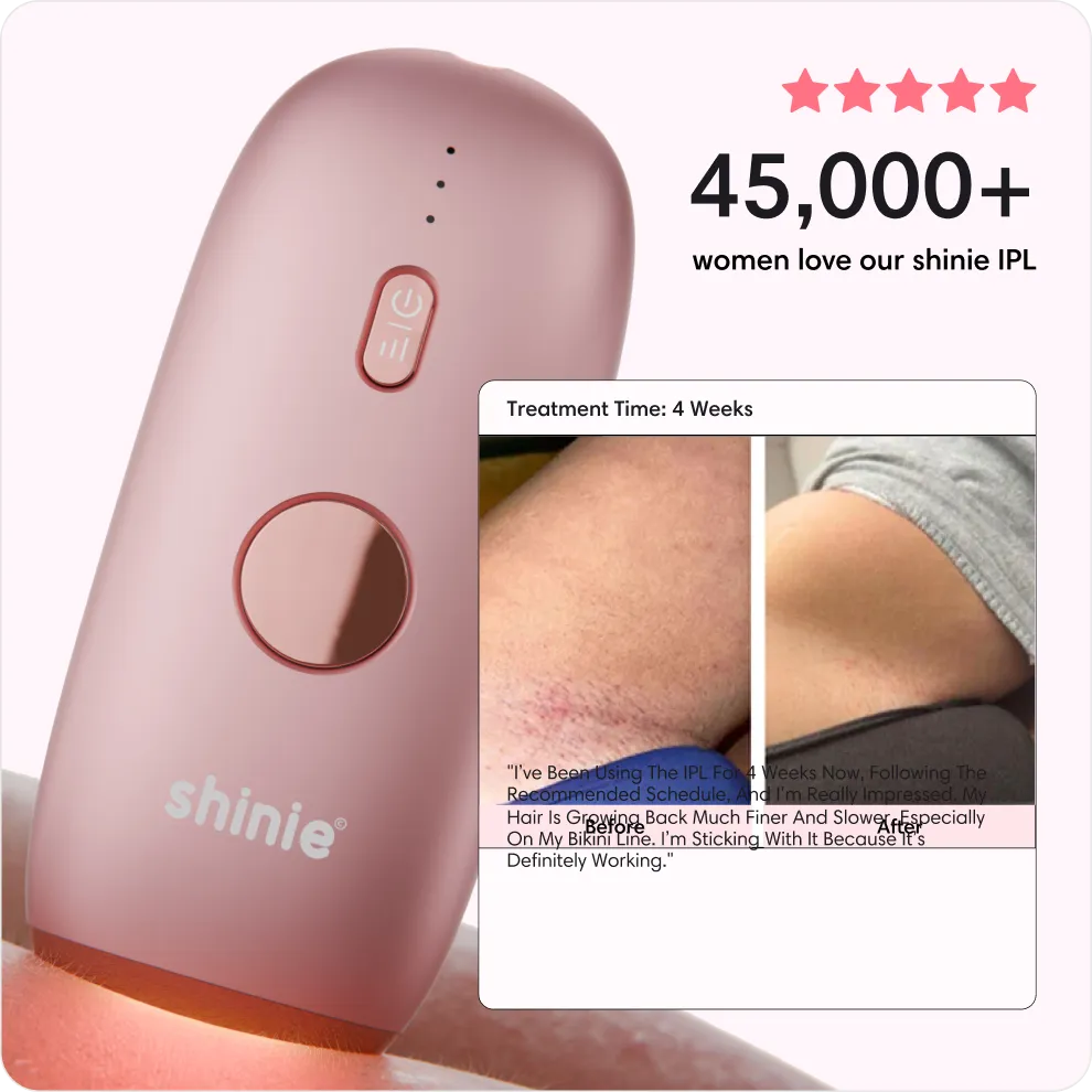 Pink Shinie IPL device with 45,000+ women reviews and 4-week hair reduction before and after photos.