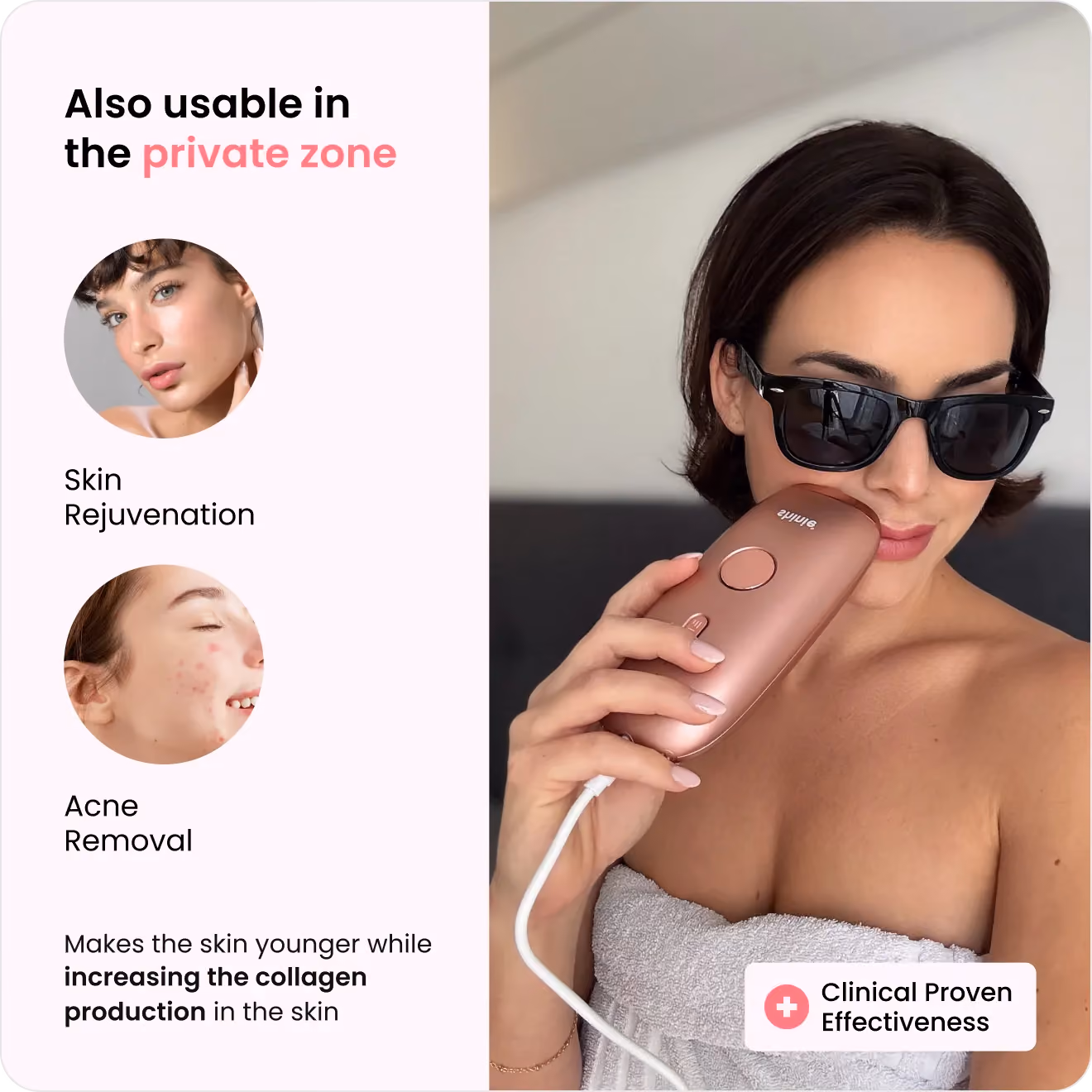 Woman in sunglasses uses handheld skin device for rejuvenation and acne removal, promoting collagen production.