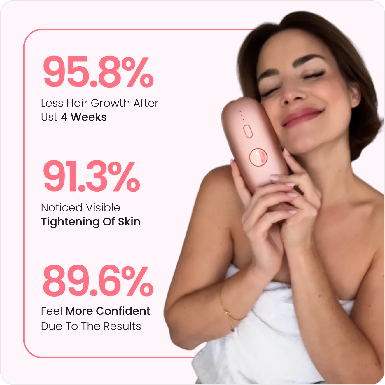 Woman wrapped in towel holding a pink device, smiling with eyes closed next to hair and skin benefit stats.