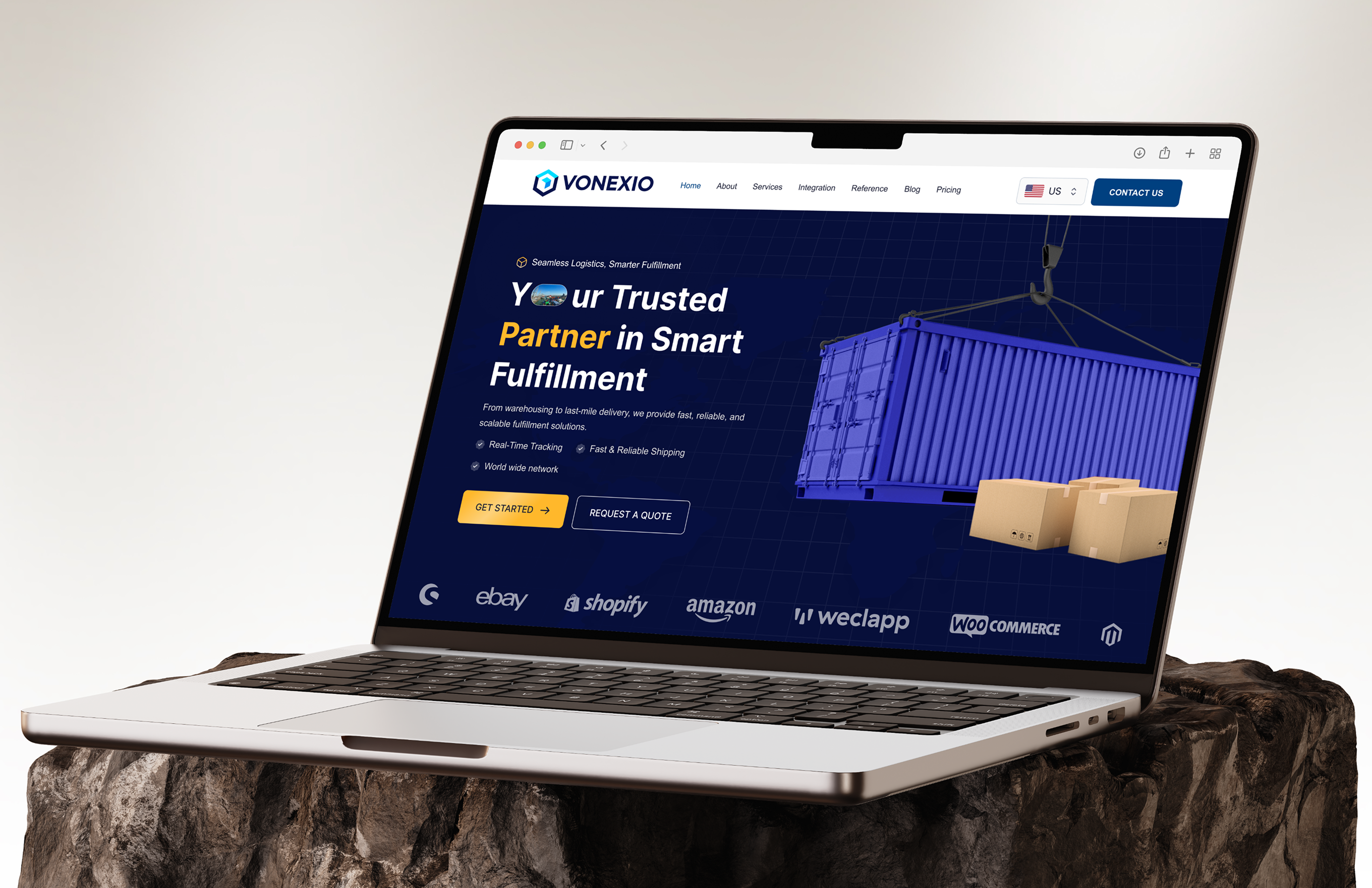 Laptop screen shows Vonexio logistics website with container, cardboard boxes, and service features.