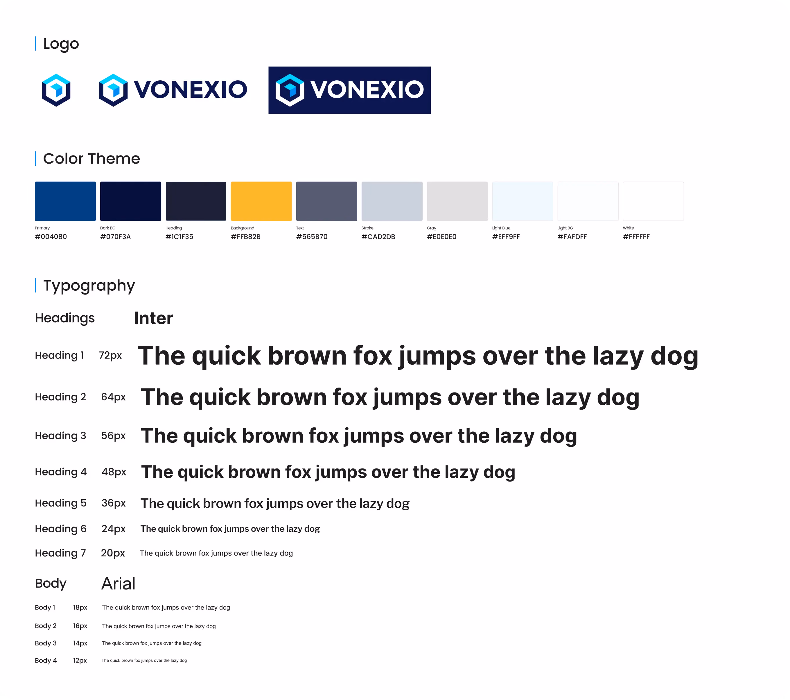 Brand style guide with Vonexio logos, color palette, and typography examples in Inter and Arial fonts.