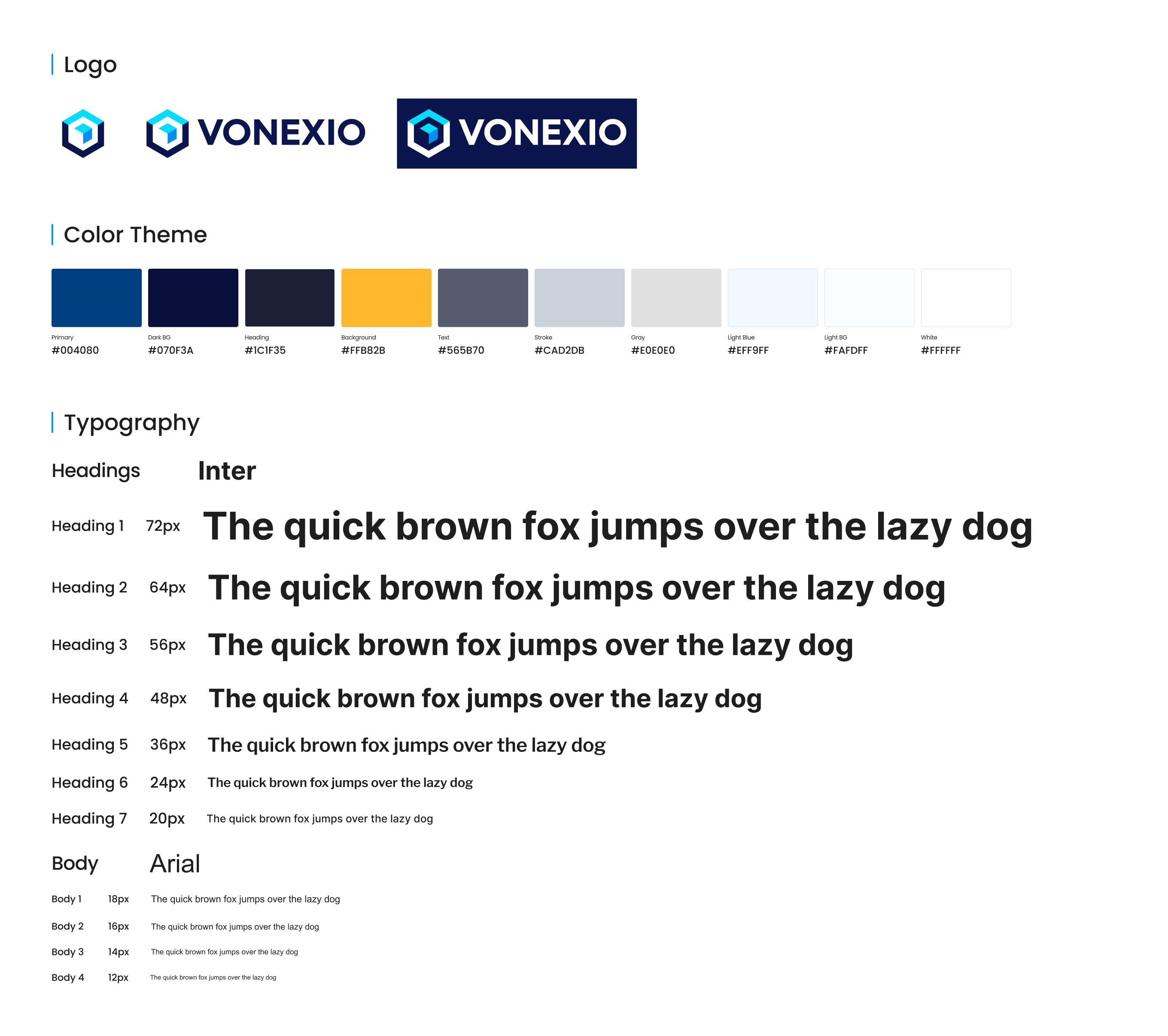 Brand style guide with Vonexio logos, color palette, and typography examples in Inter and Arial fonts.
