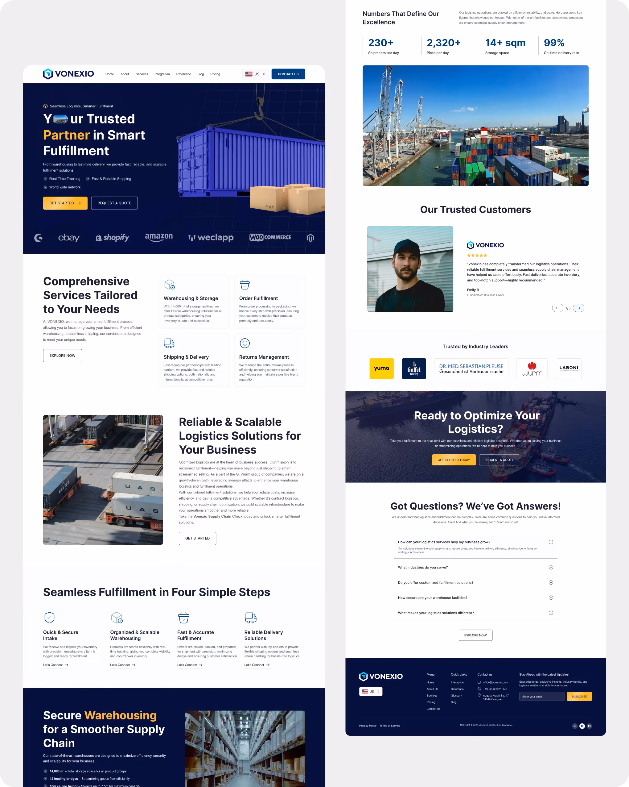 Webpage showing Vonexio logistics services, stats, trusted customers, and fulfillment steps with container images.