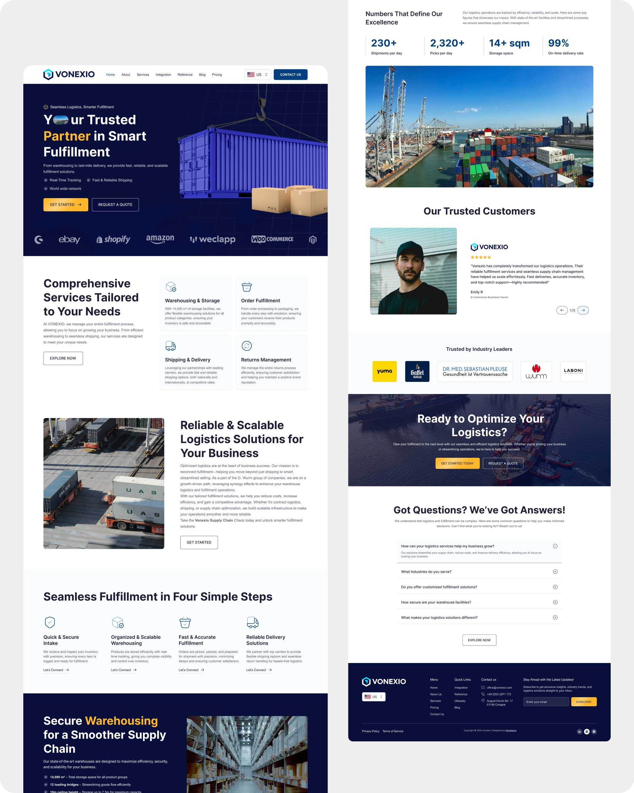 Webpage showing Vonexio logistics services, stats, trusted customers, and fulfillment steps with container images.