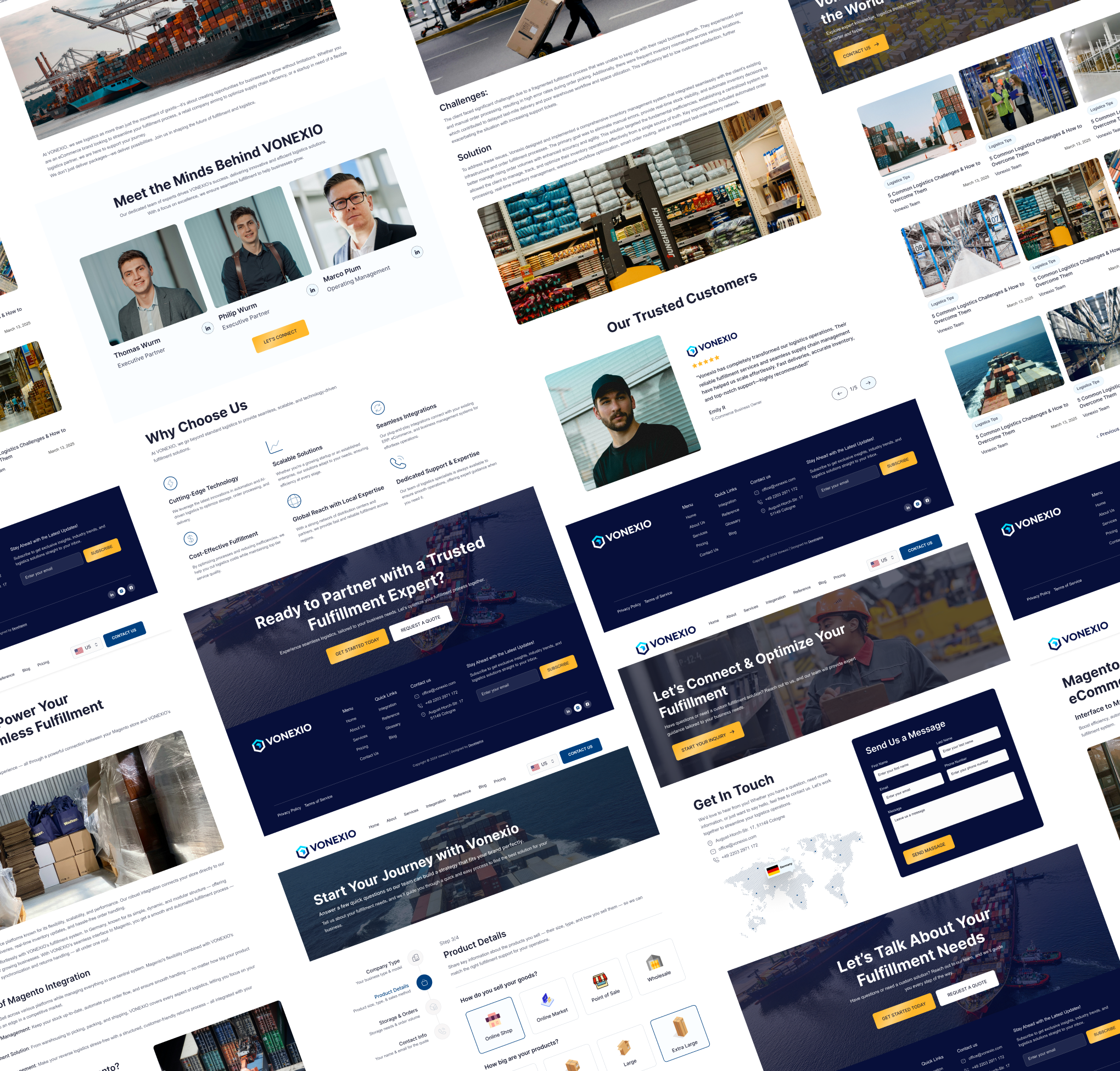 Multiple angled screenshots of a logistics fulfillment company's website with team, services, and contact sections.
