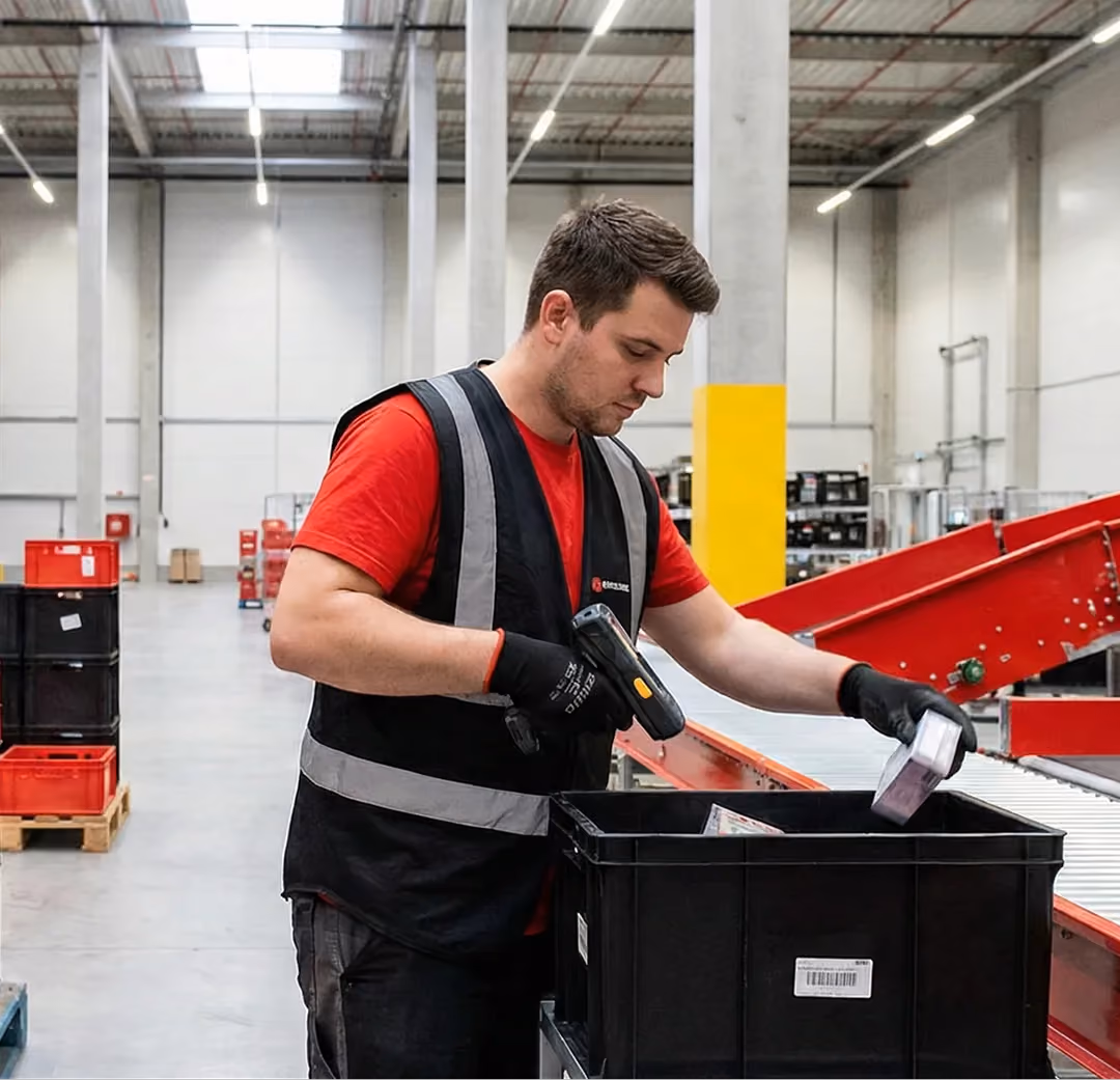 Warehouse worker scanning items into black crate on conveyor belt in large storage facility.