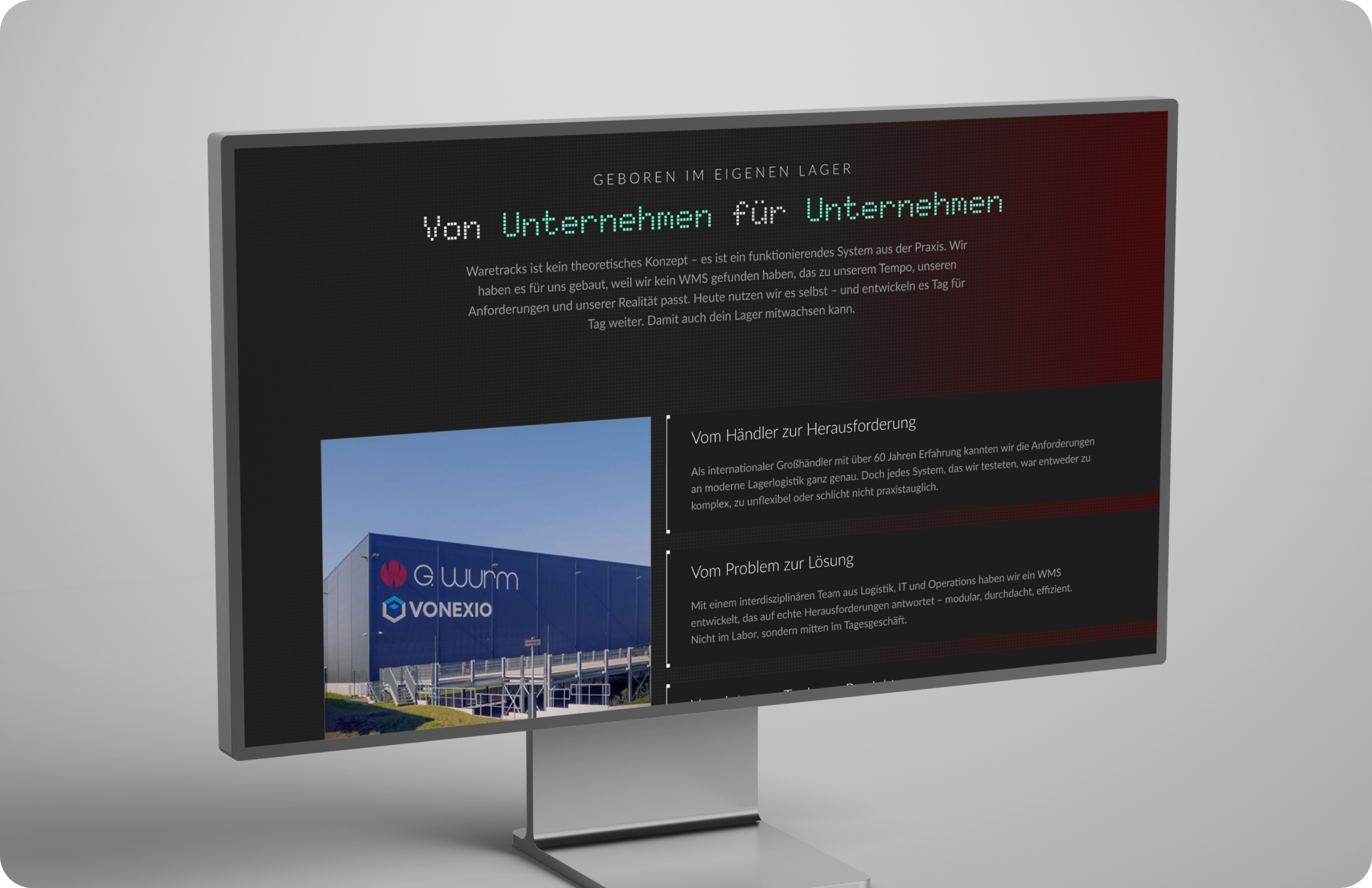 Computer screen showing German text about Waretracks, logistics challenges, and a warehouse image with logos.